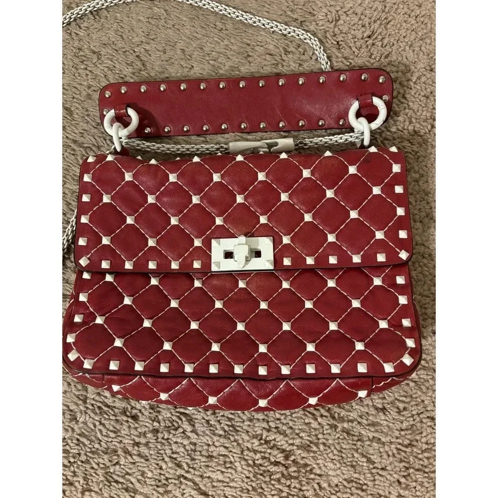 Valentino Rockstud Spike Red White Quilted Handle Shoulder chain Bag.